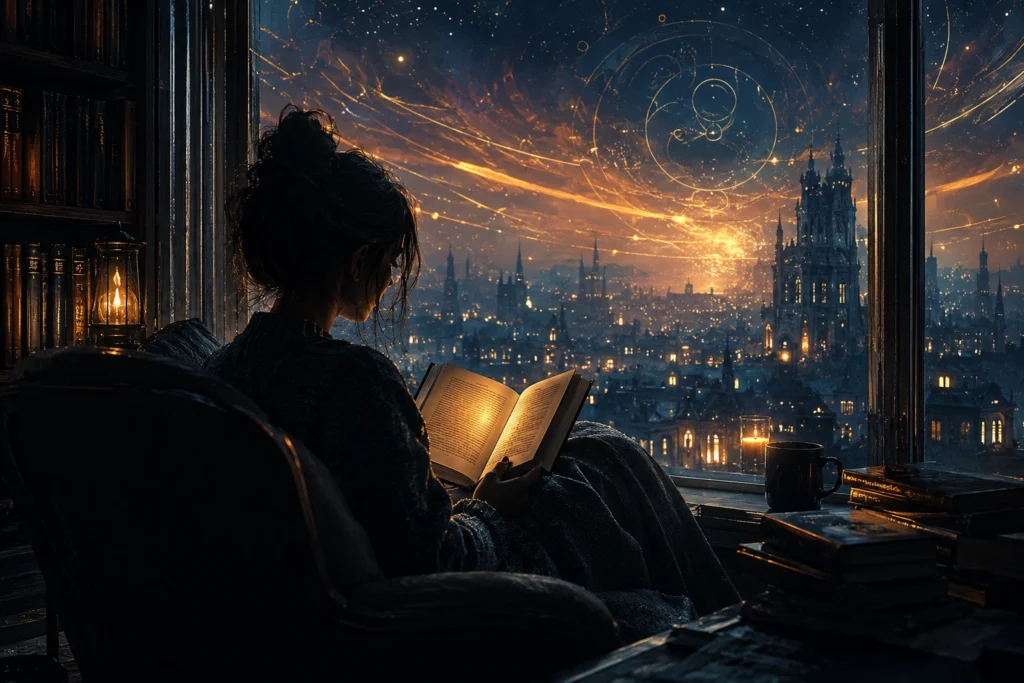 дівчина читає атмосферну фантастичну книгу біля вікна у вечірньому місті