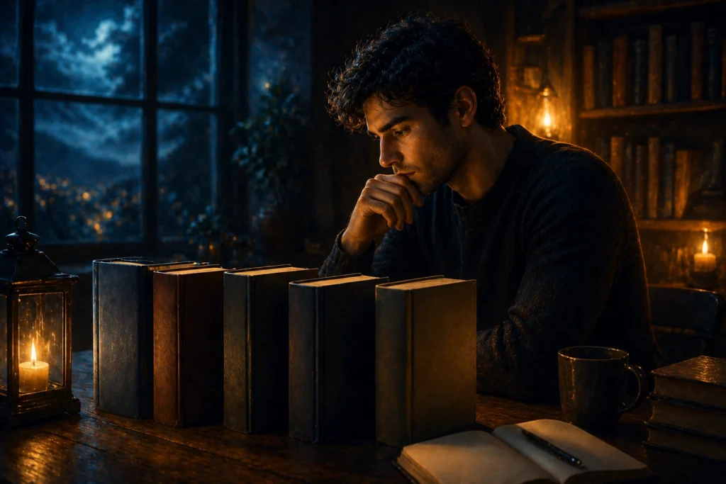 person thinking about which book to read in a cozy study with warm and cool lighting