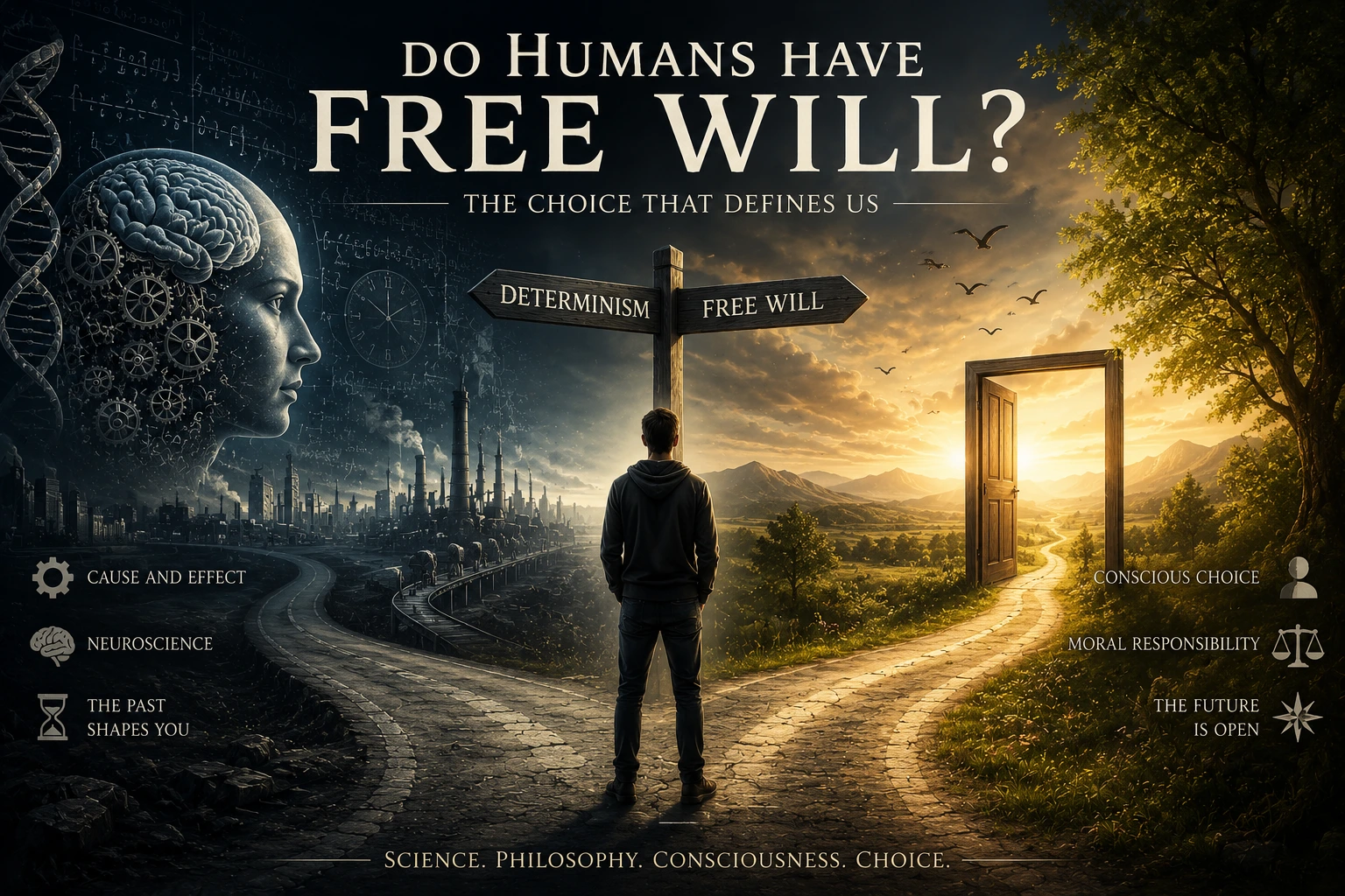 Do Humans Have Free Will infographic about determinism, neuroscience, consciousness and human choice