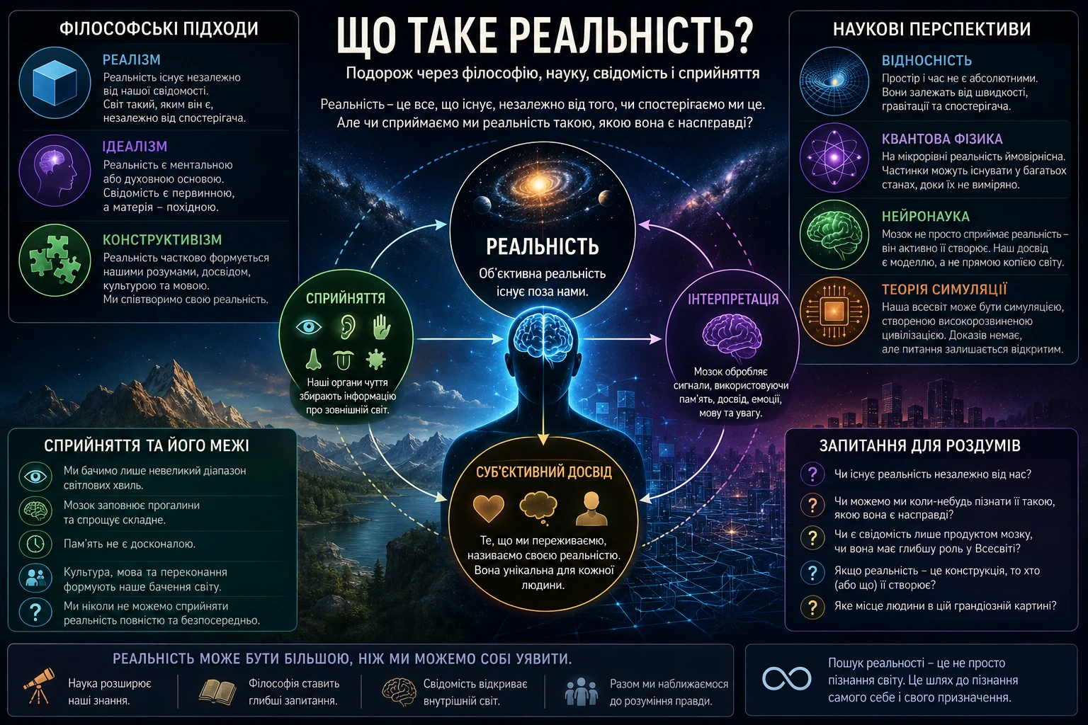Що таке реальність інфографіка про природу реальності, свідомість, сприйняття та науку