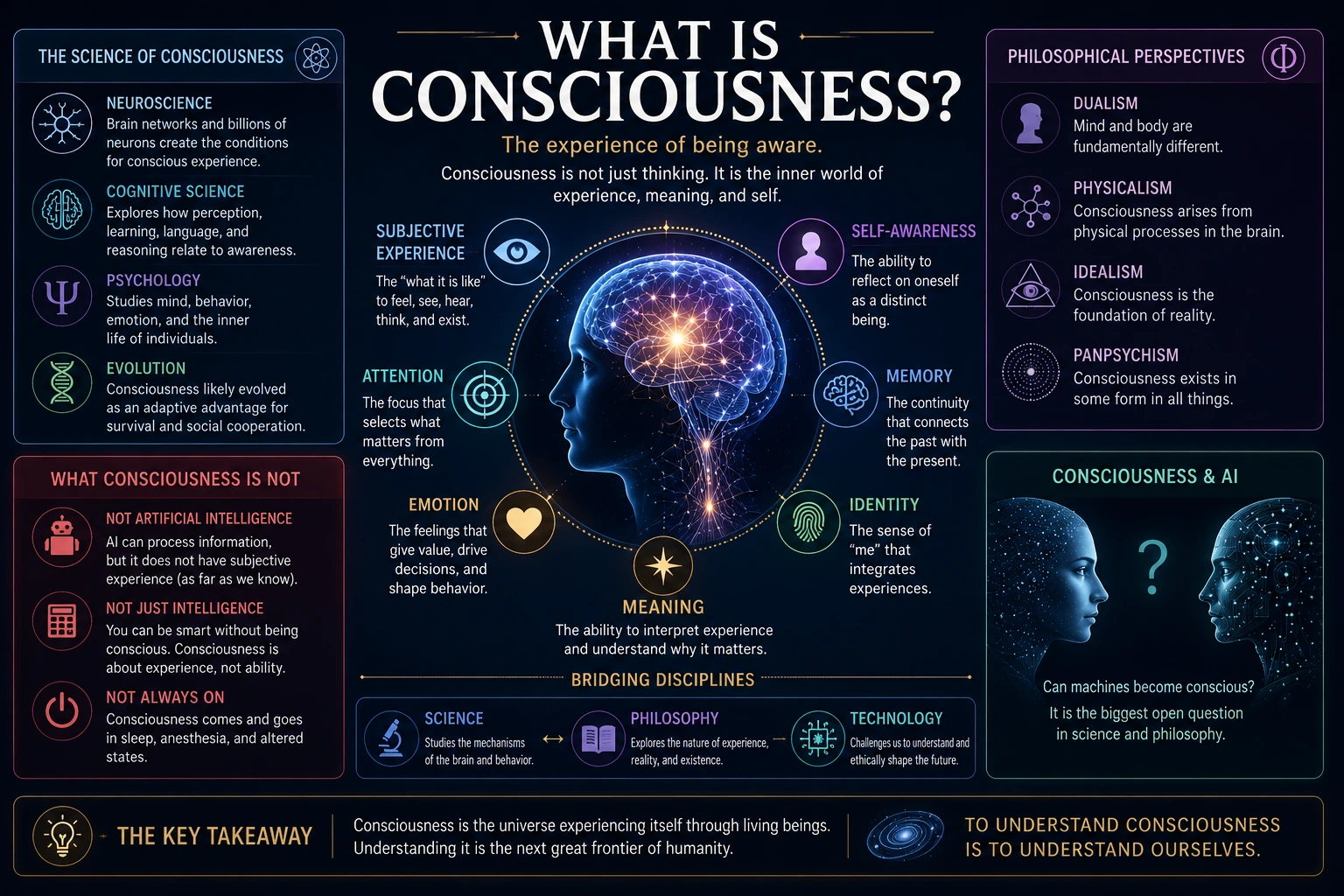 What is consciousness infographic showing neuroscience, philosophy, identity, memory and AI