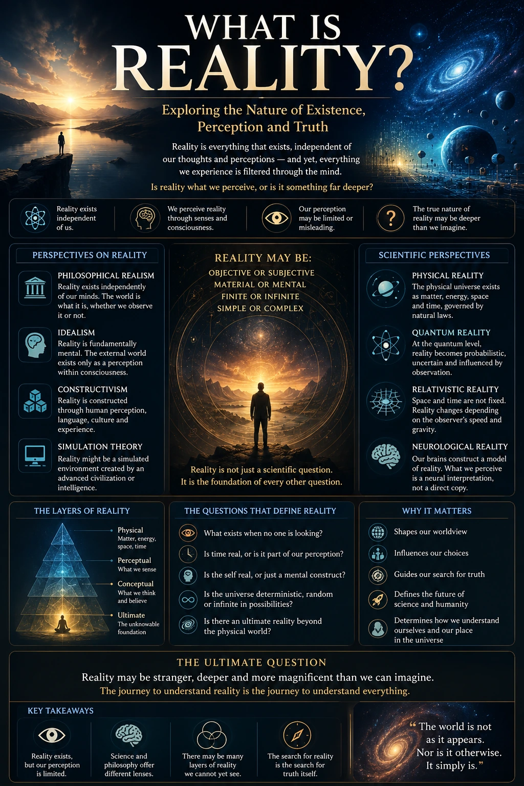 What is reality infographic exploring philosophy, science, consciousness and perception
