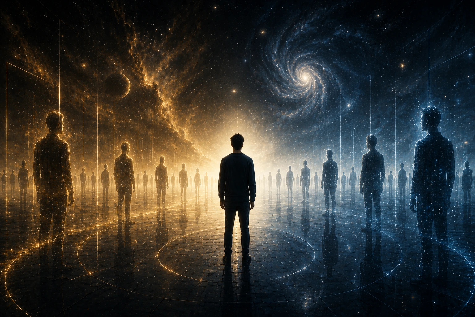 Why Am I Me and Not Someone Else? A person surrounded by multiple possible versions of themselves, symbolizing consciousness, identity, and subjective experience.