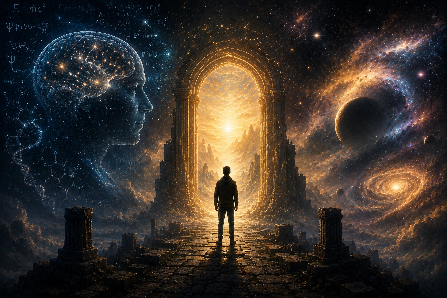 Does the Soul Exist? A lone figure standing before a glowing portal between science and cosmos, symbolizing the question of whether the soul exists
