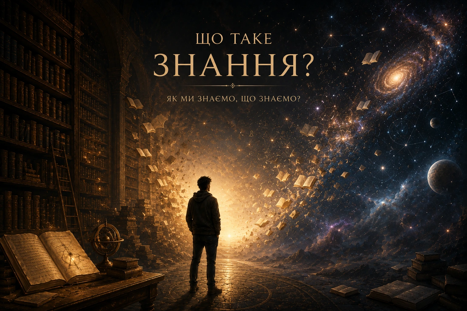 Що таке знання? Людина стоїть між безмежною бібліотекою та космосом, символізуючи пошук знання, істини та мудрості.