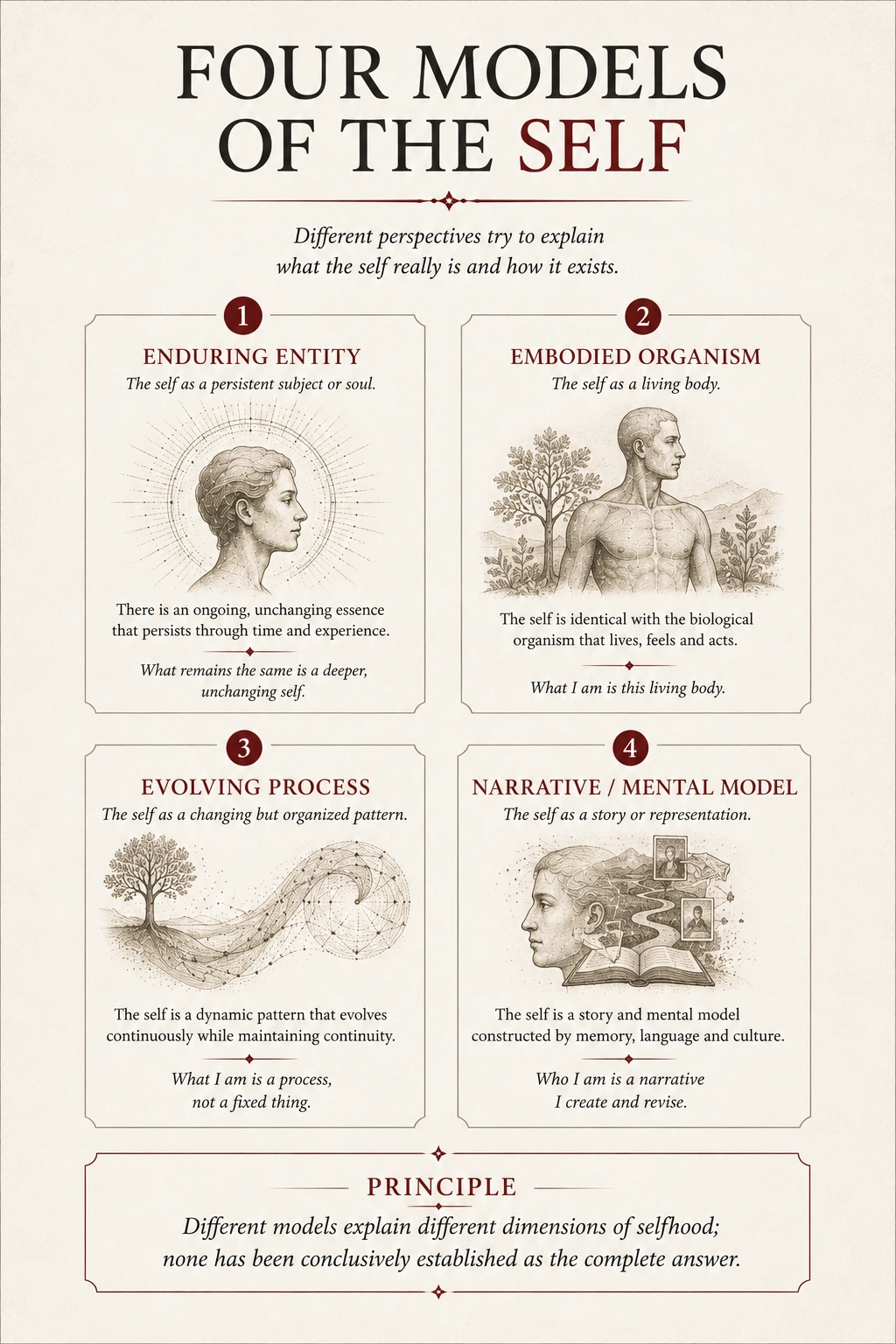 Four models of the self: enduring entity, embodied organism, evolving process, and narrative or mental model.