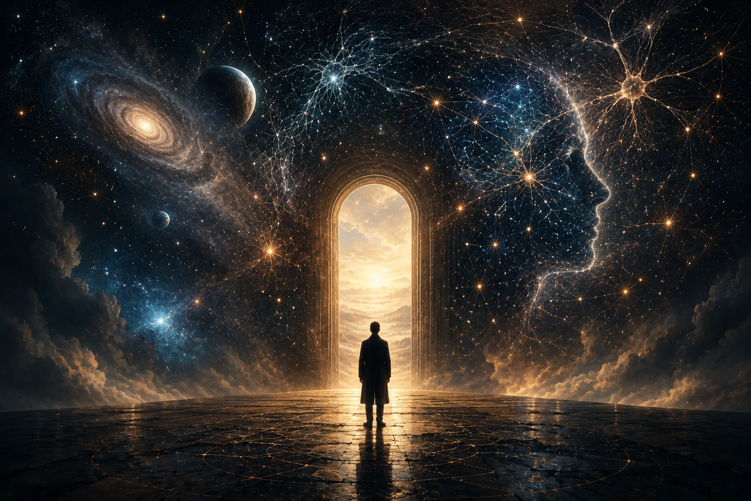 A figure standing before a glowing cosmic doorway representing consciousness beyond the brain and the mystery of identity