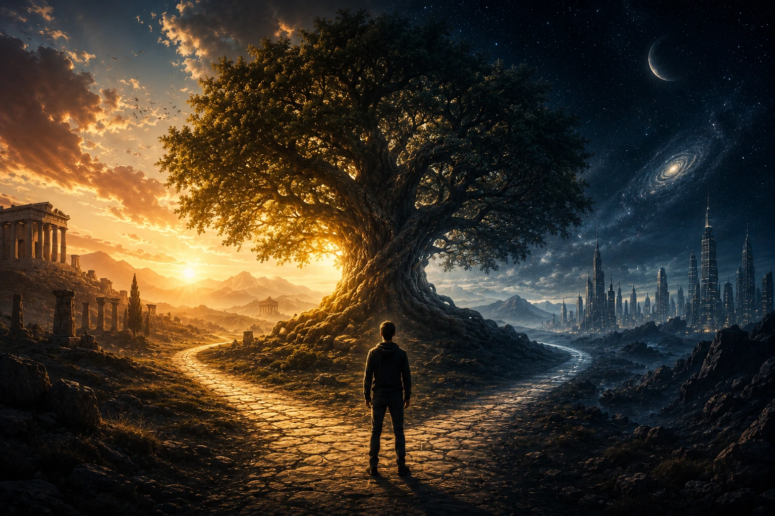 What Is the Meaning of Life? A solitary person stands before the Tree of Life at a crossroads between the ancient world and the future, symbolizing the search for meaning.