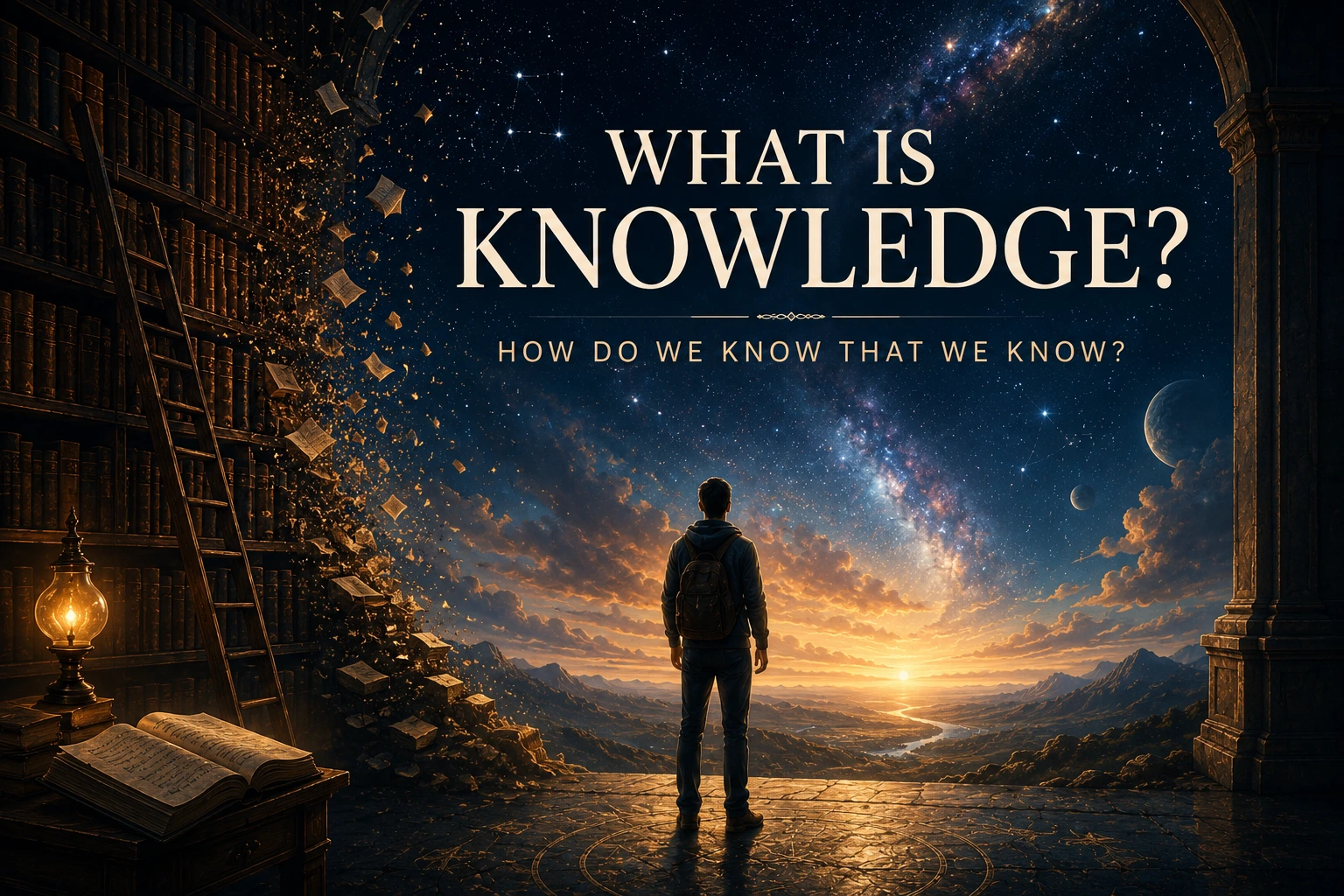 What Is Knowledge? A solitary person stands between an ancient library and the infinite cosmos, symbolizing humanity's journey from information to knowledge, understanding, and wisdom.