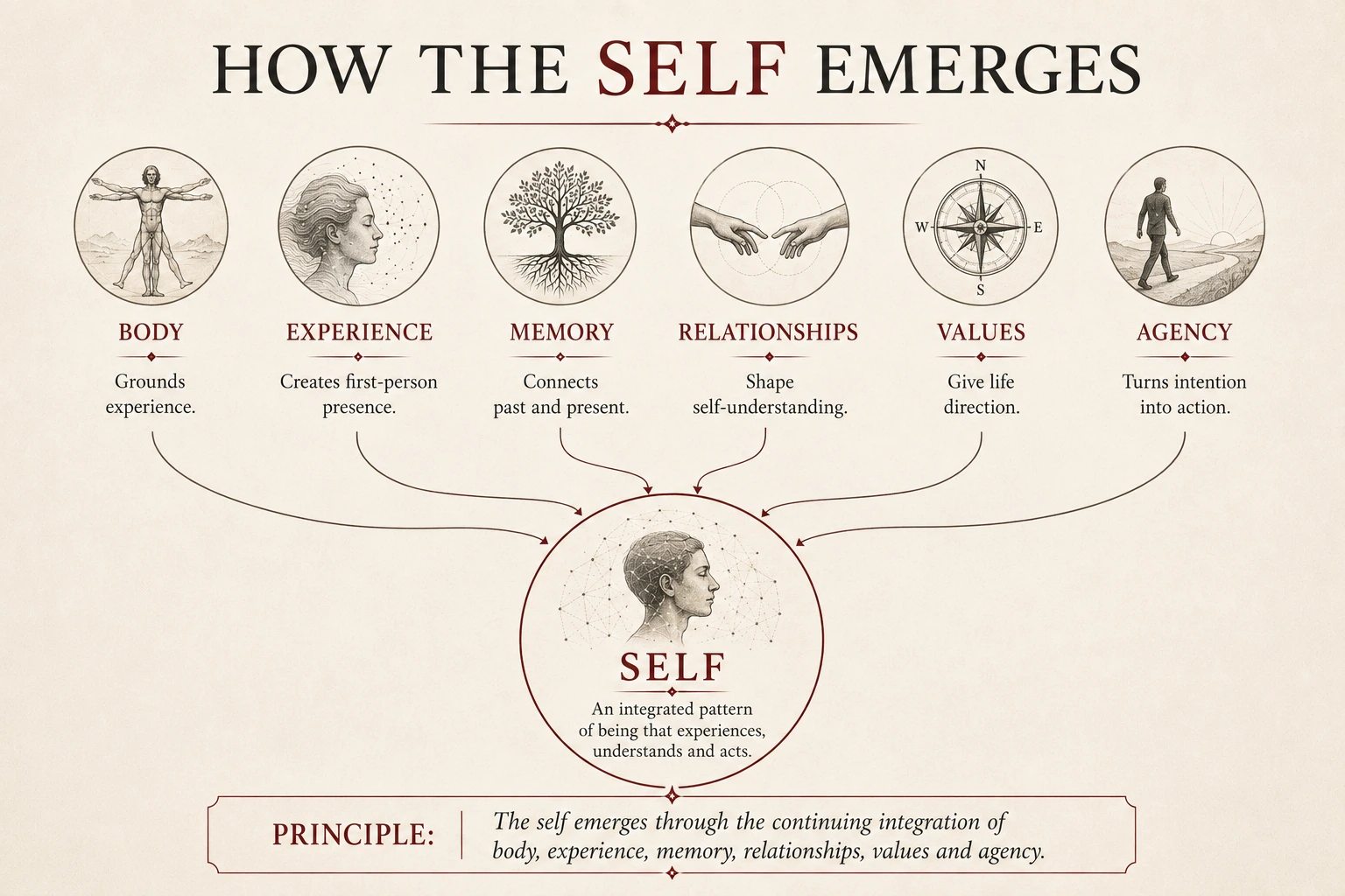 Diagram showing how body, experience, memory, relationships, values and agency integrate into the self.