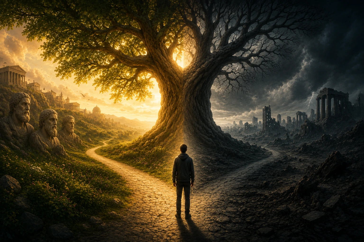 What Is Human Nature? A lone person stands before a great tree at a crossroads between light and darkness, symbolizing humanity's capacity for both good and evil.