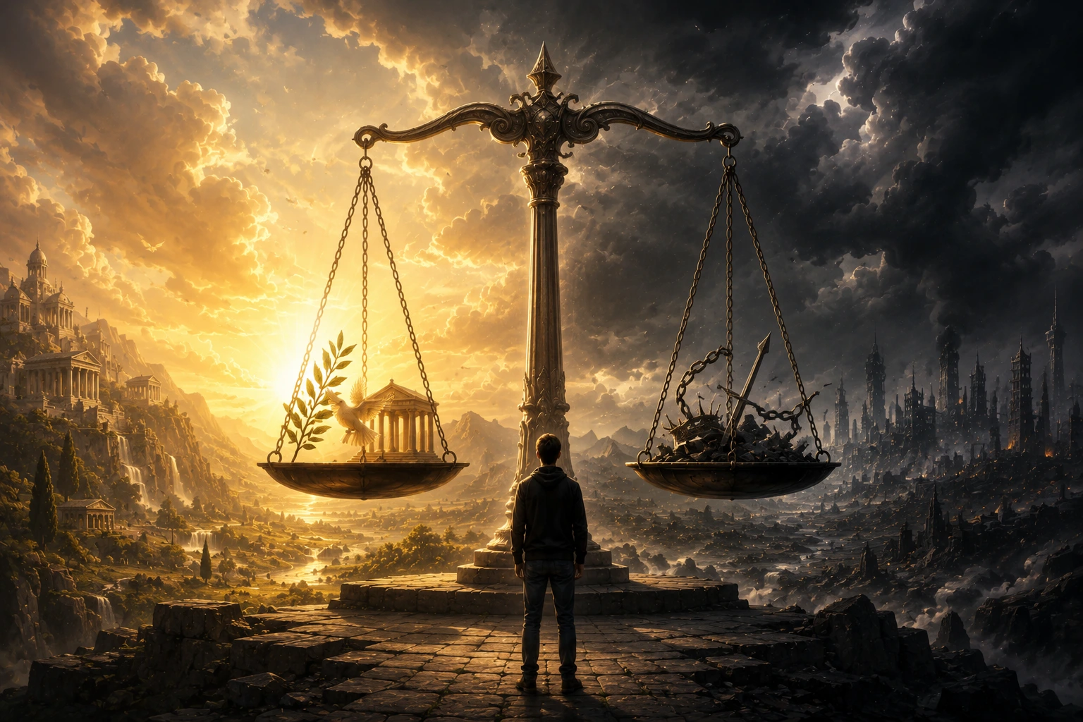 What Is Morality? A lone person stands before magnificent scales balanced between light and darkness, symbolizing the search for objective good and evil.