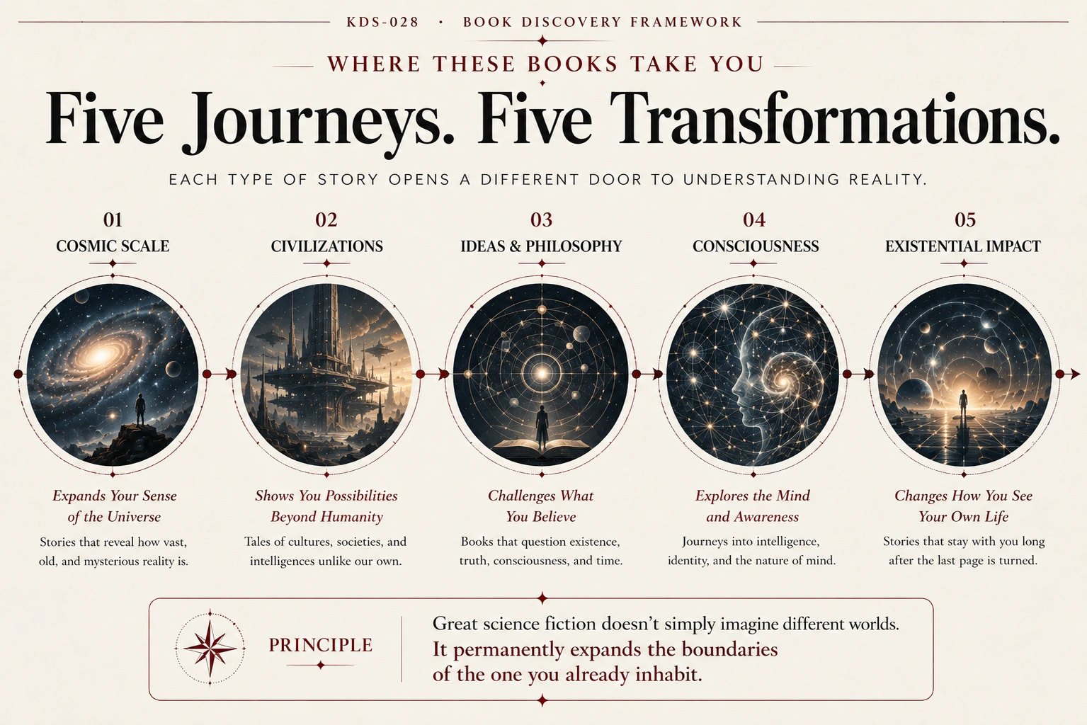 Five science fiction journeys: cosmic scale, civilizations, ideas and philosophy, consciousness, and existential impact