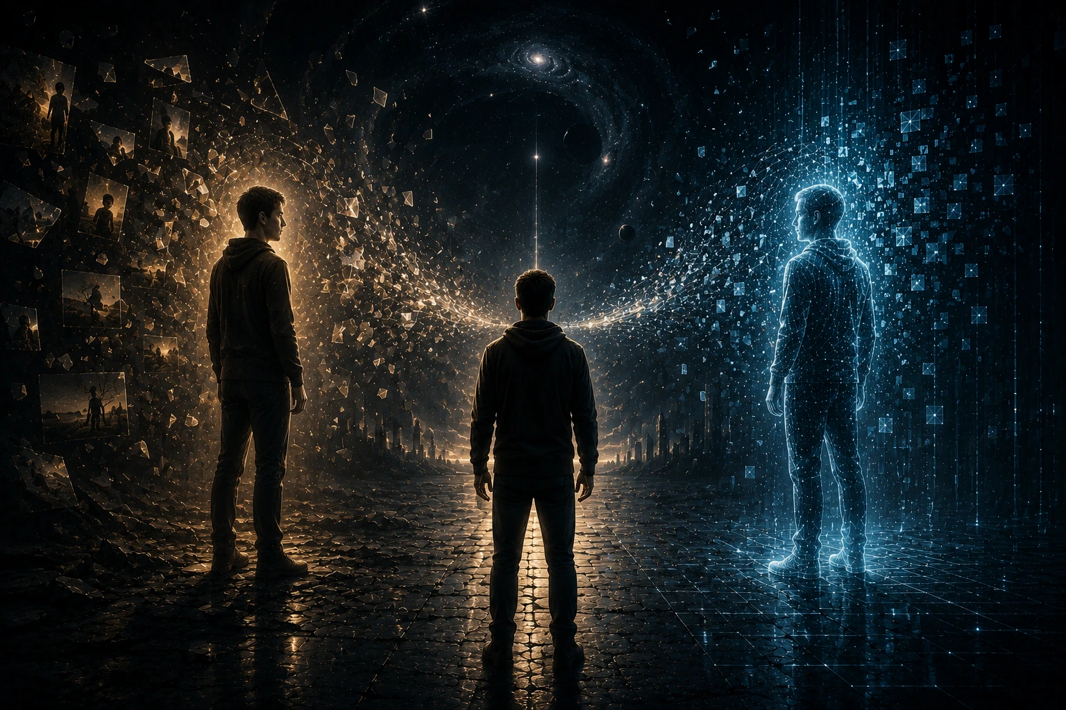 A human standing between a biological self and a digital copy, symbolizing consciousness uploading, identity, and digital immortality