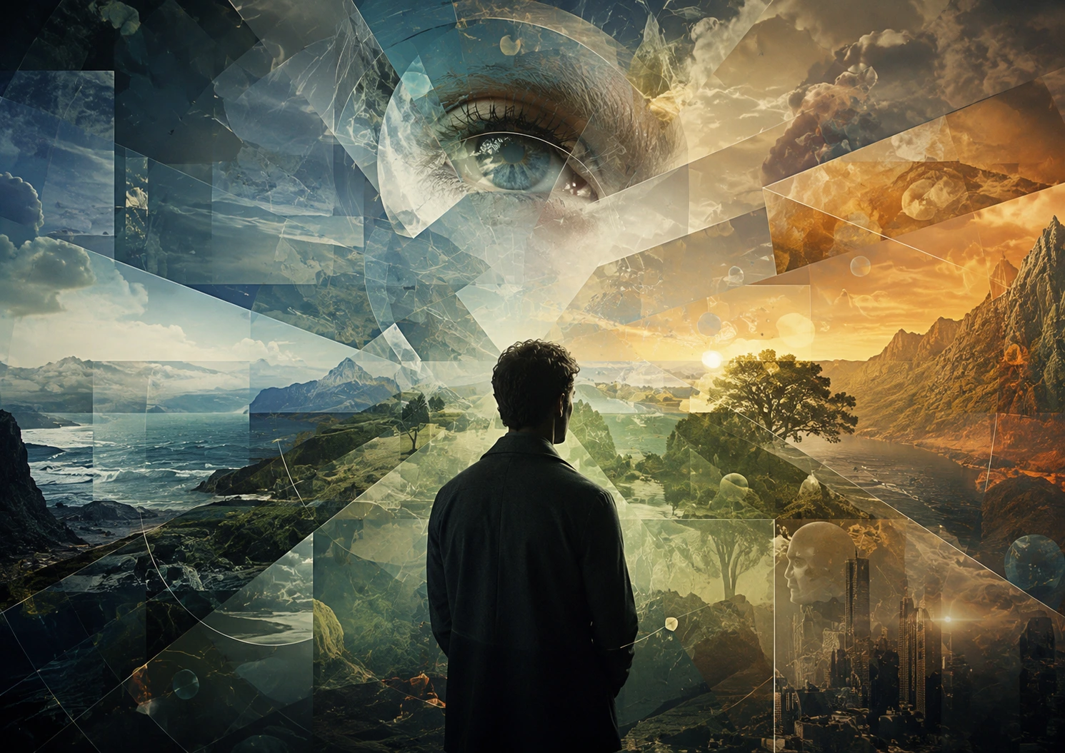 Human observer facing fragmented versions of reality representing how perception shapes conscious experience