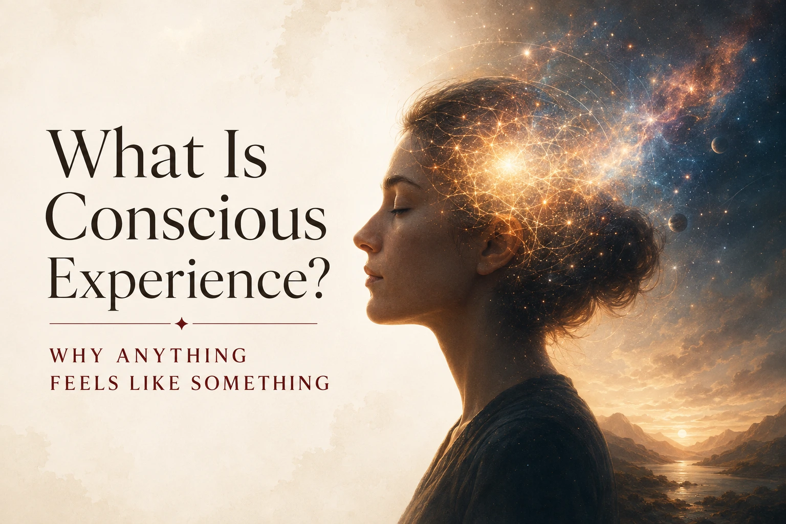 What is conscious experience — a person with a glowing mind merging into a cosmic landscape