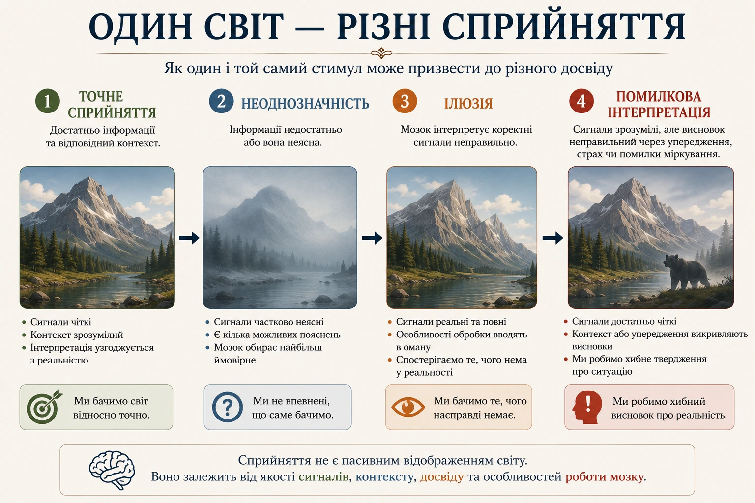 Один світ різні сприйняття: точне сприйняття неоднозначність ілюзія та помилкова інтерпретація