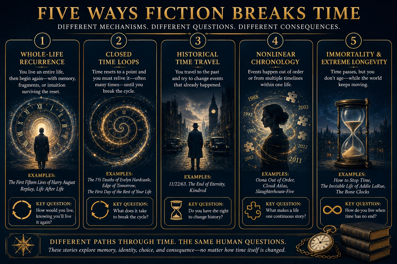 Infographic comparing whole-life recurrence, closed time loops, historical time travel, nonlinear chronology, and immortality or extreme longevity.