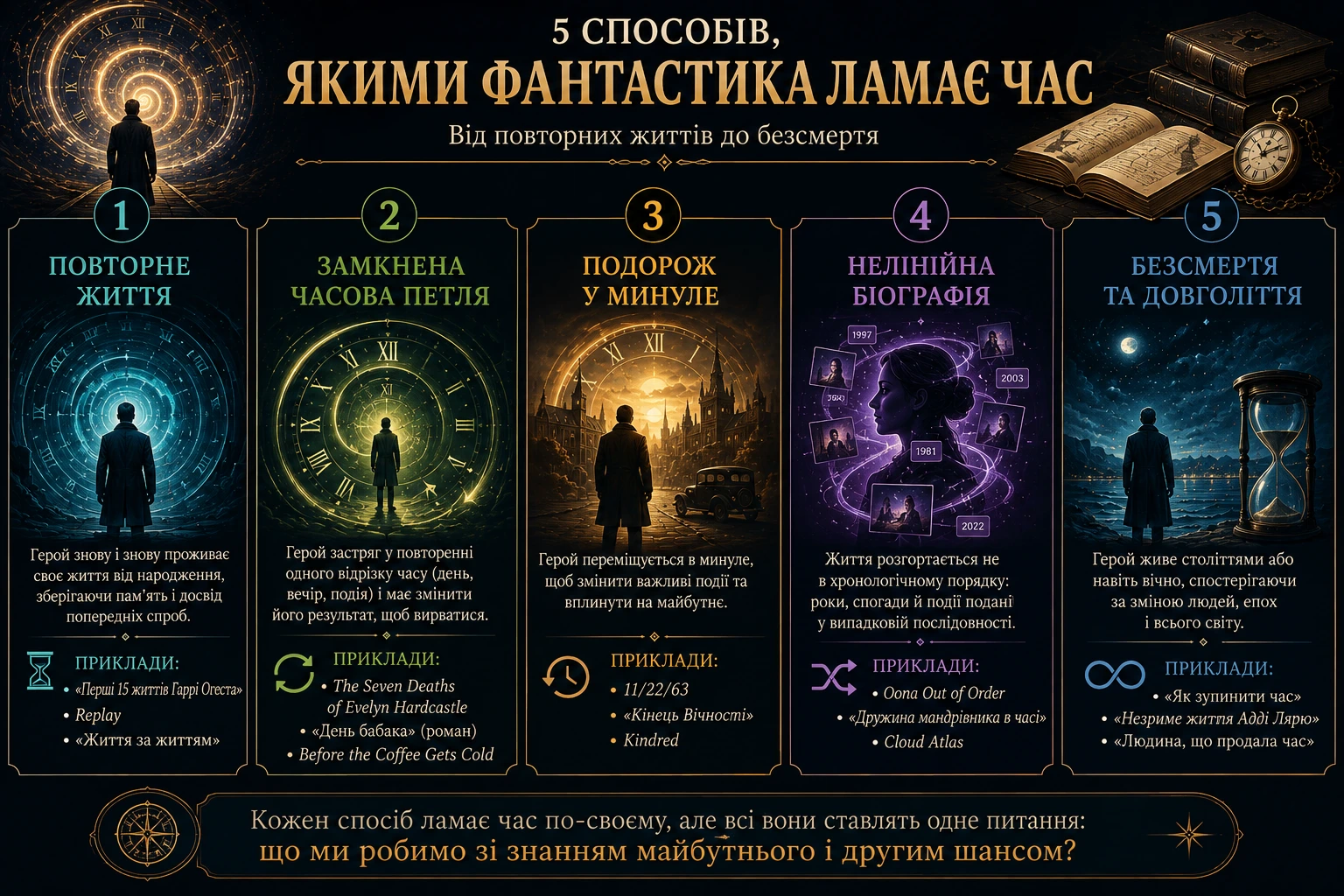 П’ять способів, якими фантастика ламає час: повторне життя, замкнена часова петля, подорож у минуле, нелінійна біографія та безсмертя.