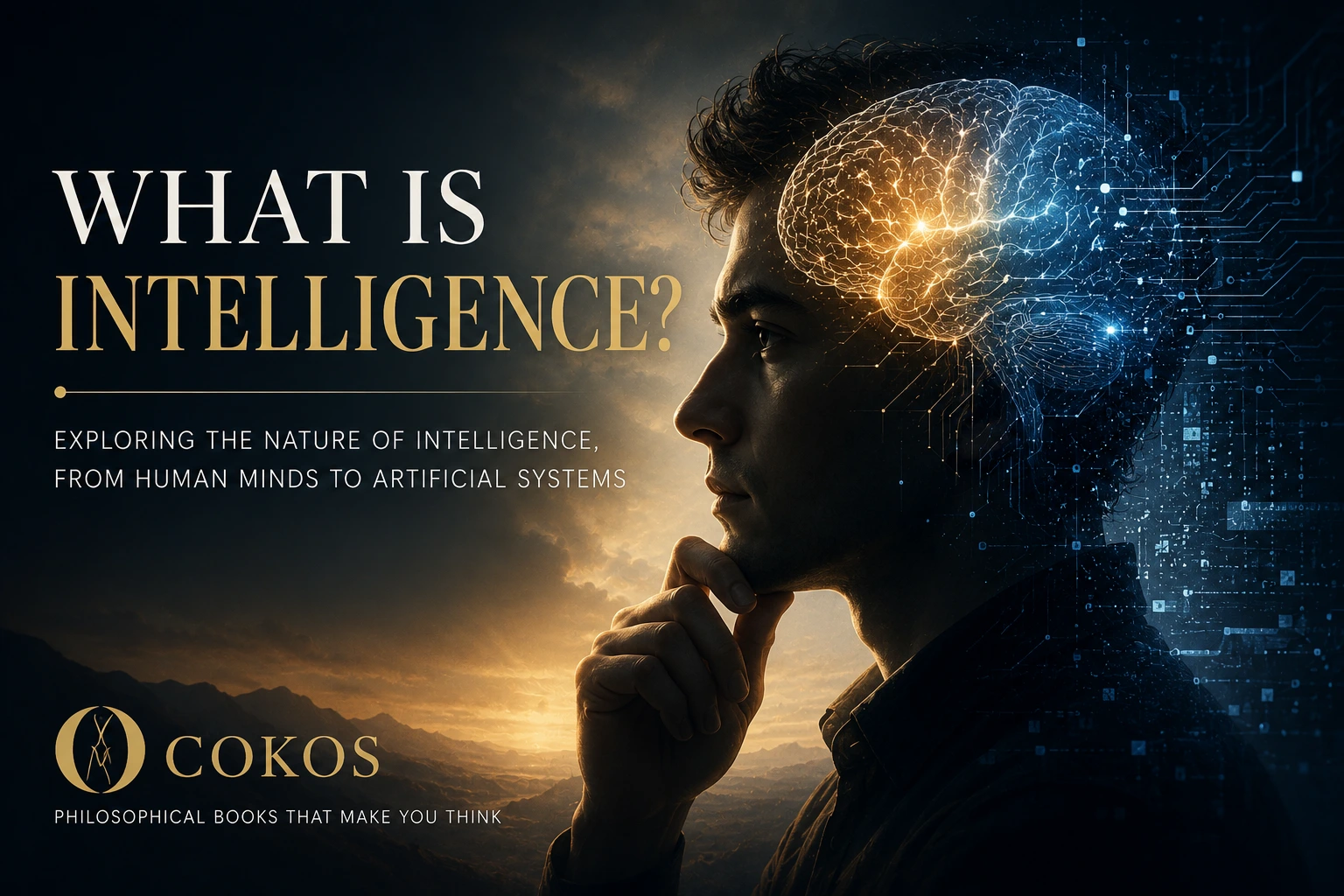 Human intelligence and artificial intelligence represented by a glowing brain combining neural networks and digital circuitry