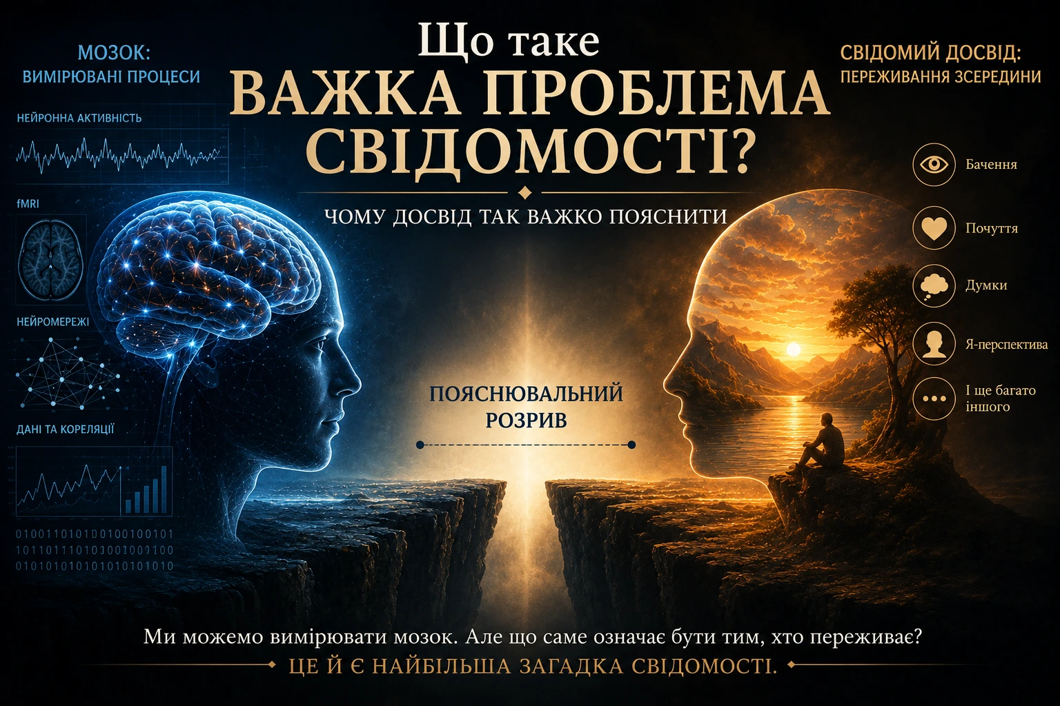 Важка проблема свідомості як пояснювальний розрив між вимірюваними процесами мозку та суб’єктивним досвідом.