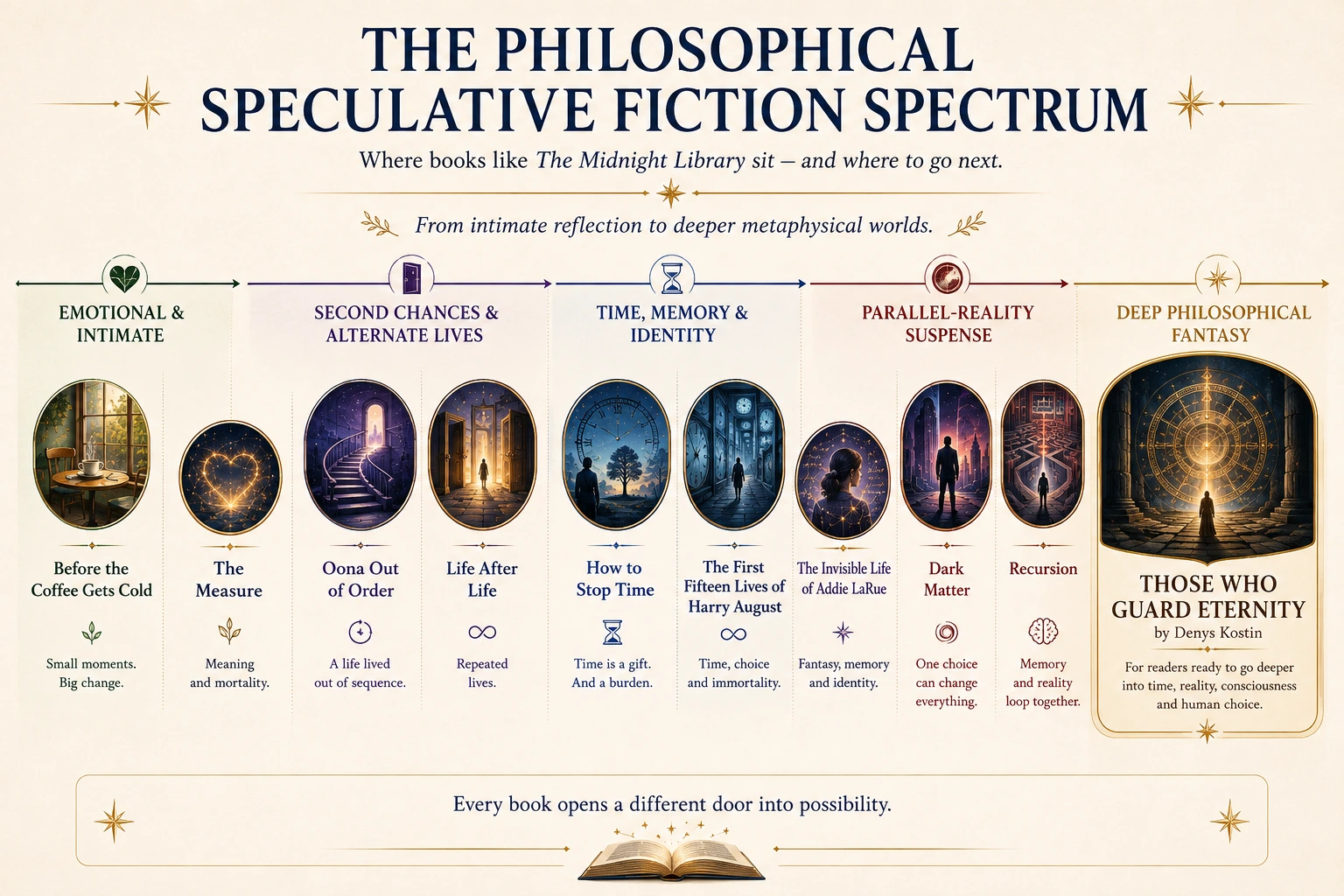 Spectrum of books like The Midnight Library, from emotional fiction and alternate lives to parallel realities and deep philosophical fantasy.