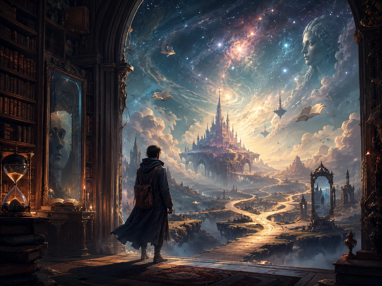 Traveler stepping from a vast library into a cosmic fantasy world, representing existential fantasy books about meaning, identity and reality