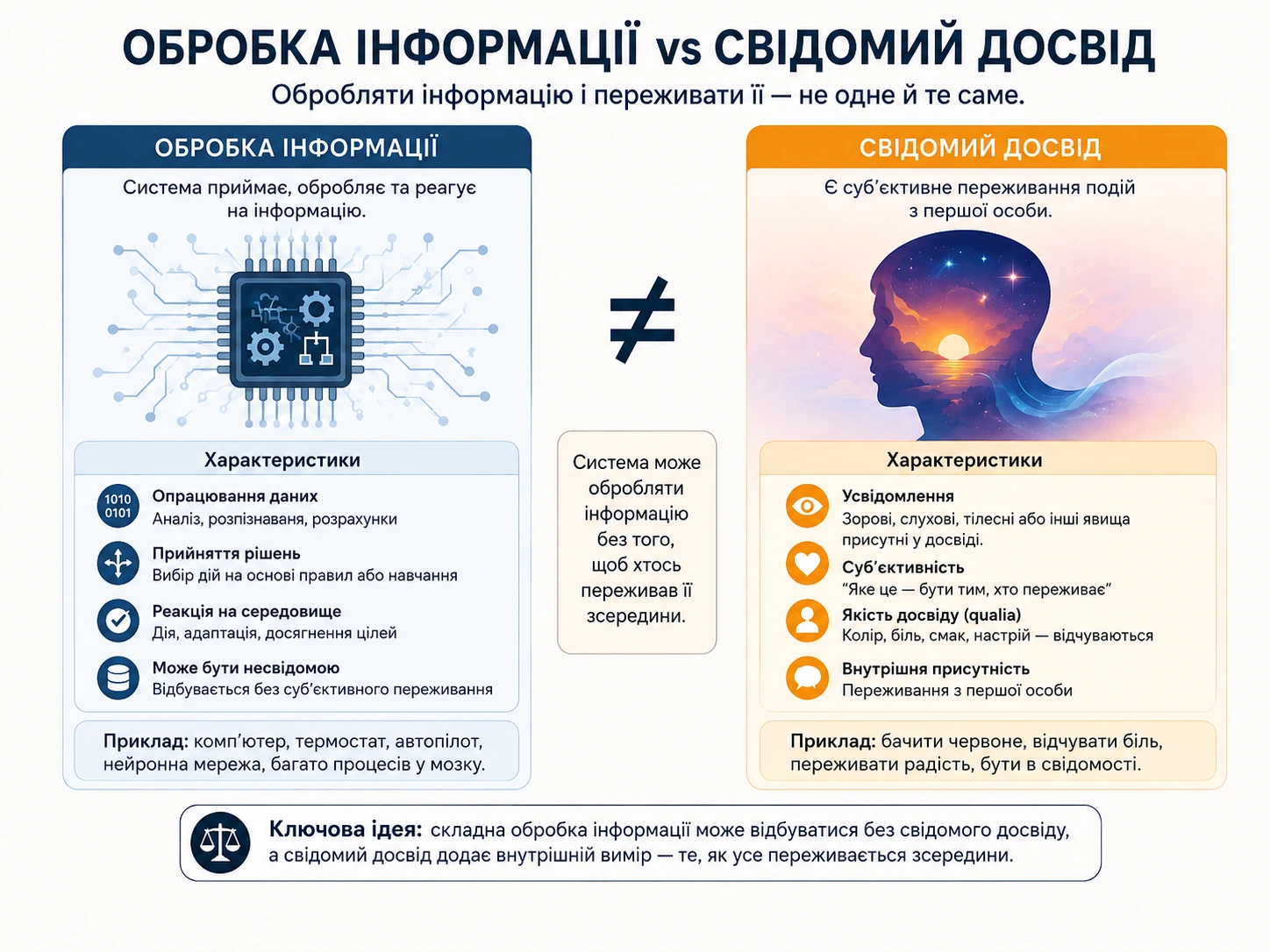 Обробка інформації та свідомий досвід — діаграма ключової різниці