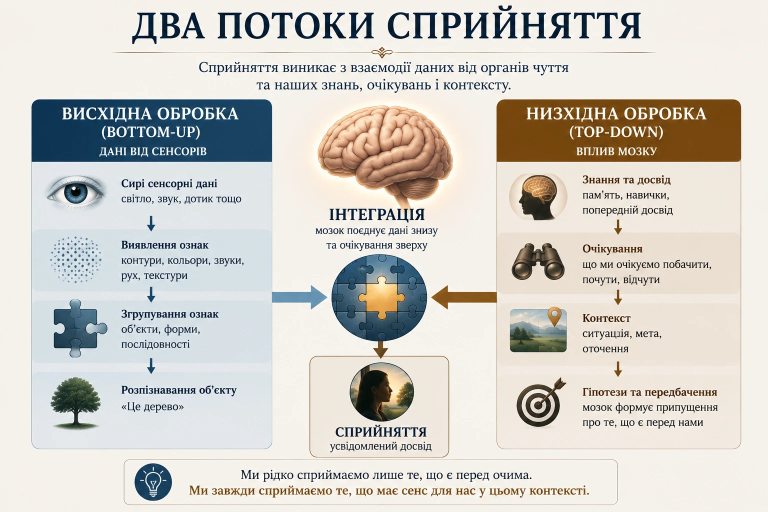 Два потоки сприйняття: висхідна обробка сенсорних даних і низхідний вплив знань очікувань та контексту