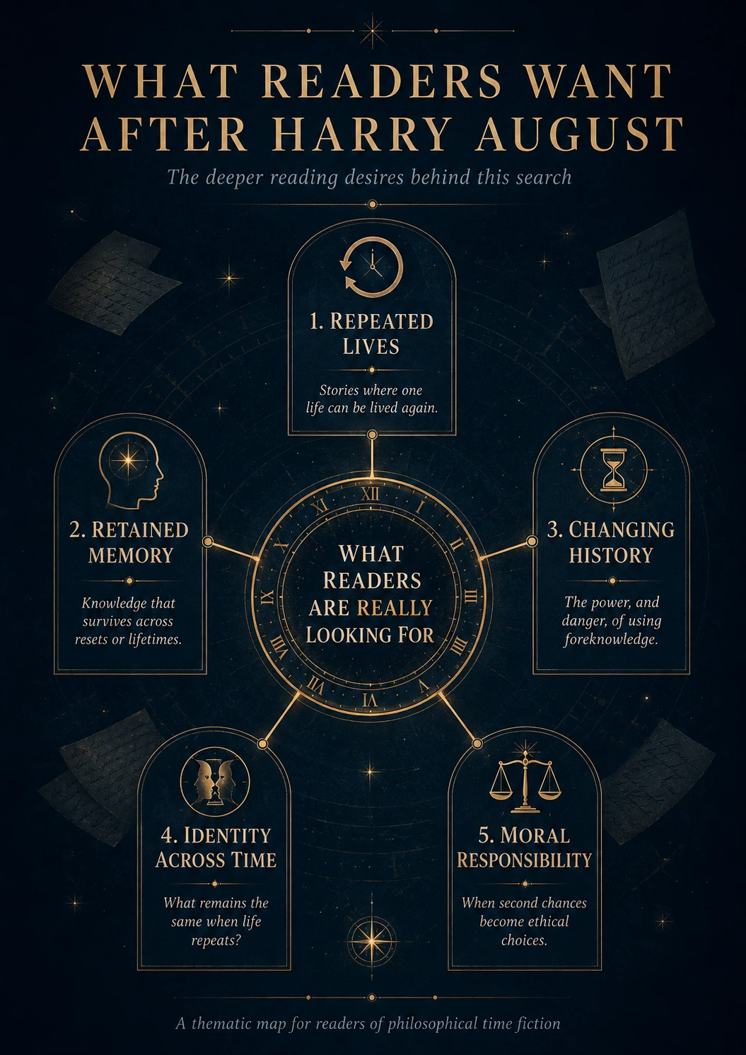 Diagram showing what readers want after Harry August: repeated lives, retained memory, changing history, identity across time, and moral responsibility.