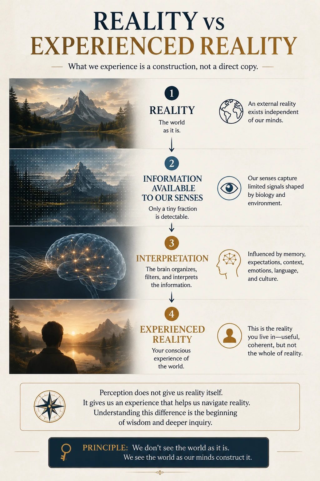 Reality versus experienced reality diagram showing external reality, sensory information, interpretation, and lived experience