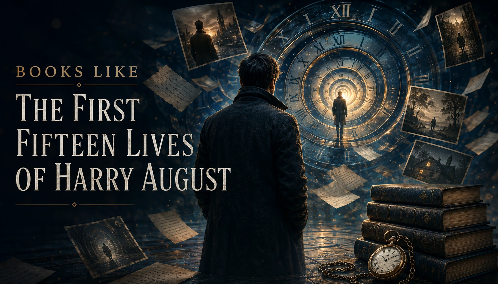 Books like The First Fifteen Lives of Harry August, represented by a man facing a spiral clock surrounded by memories, books, and a pocket watch.