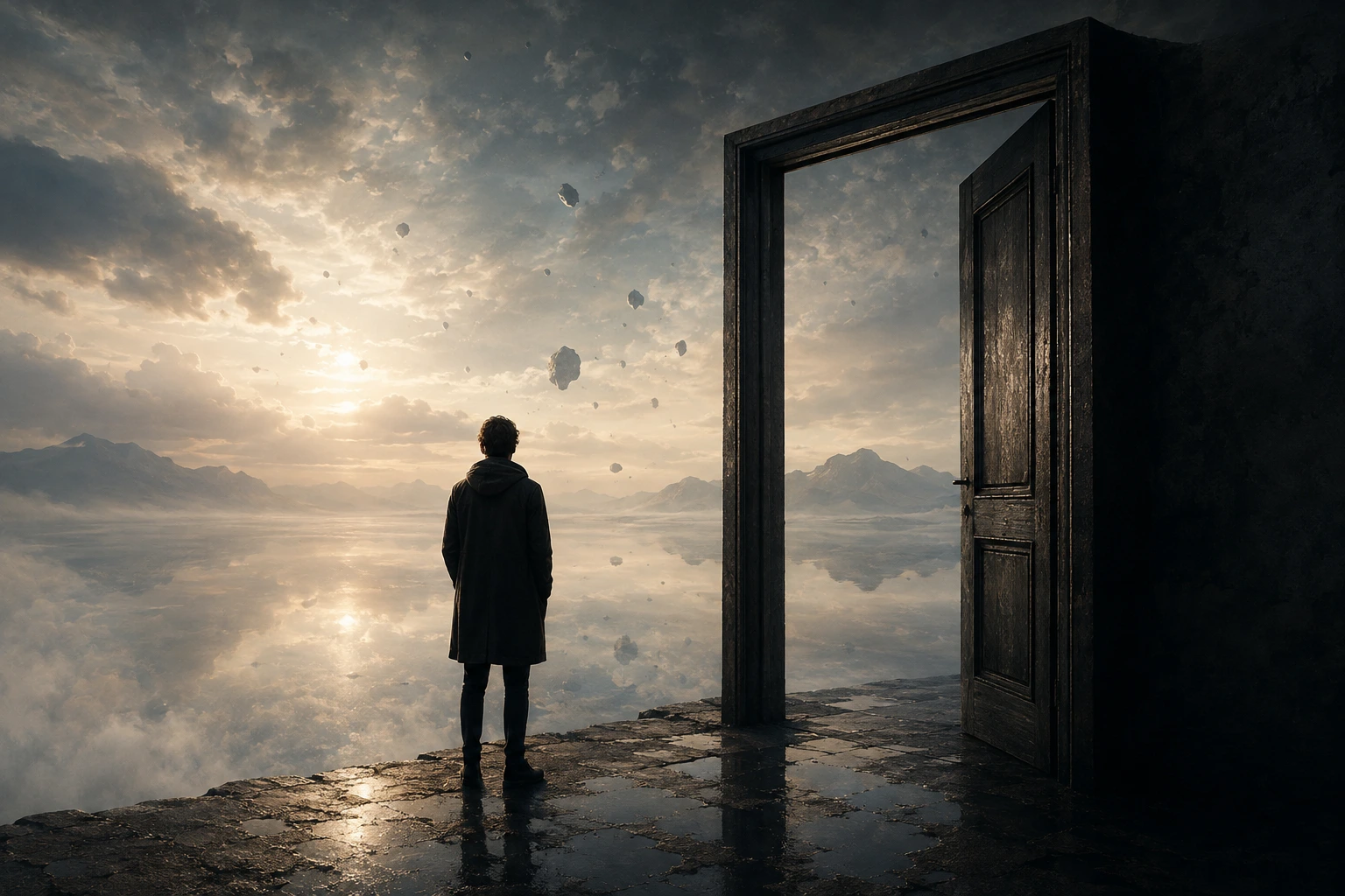 Solitary person standing before an open doorway into an uncertain dreamlike world, representing solipsism and doubt about external reality.