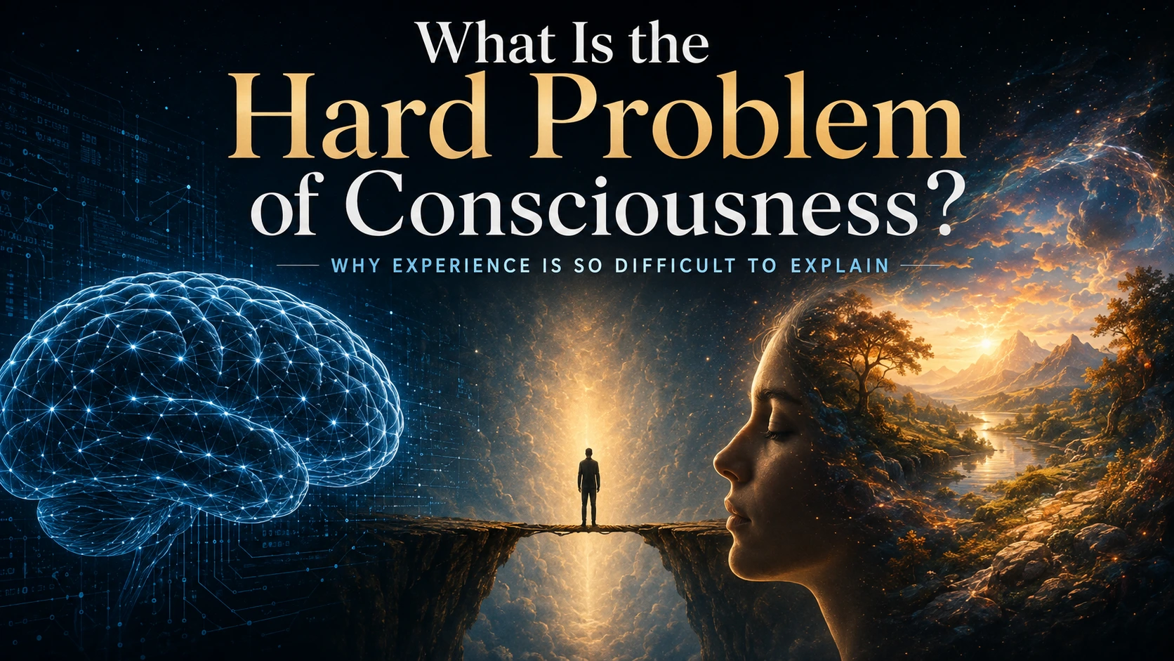 The hard problem of consciousness illustrated as a gap between measurable brain activity and subjective experience.