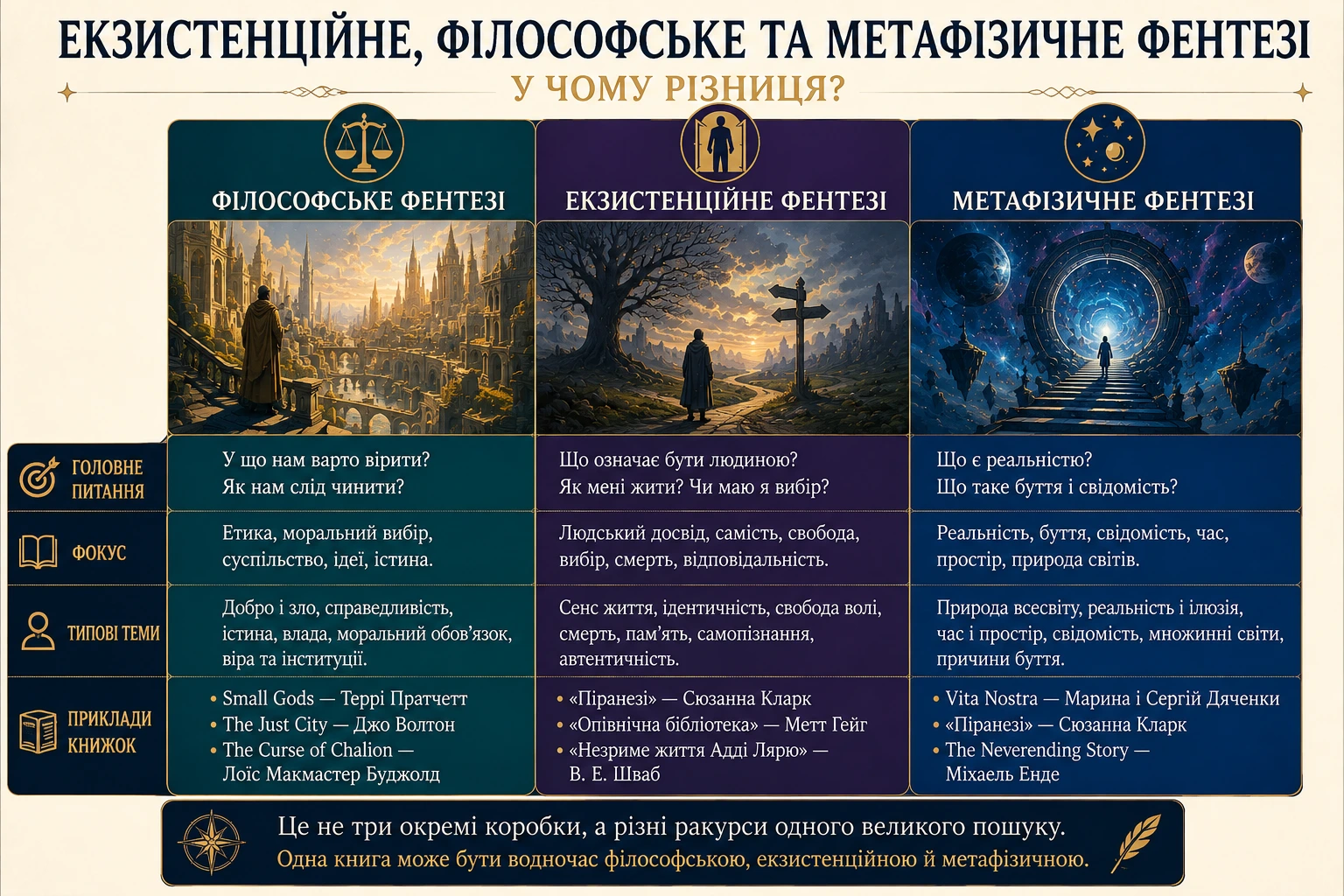 Порівняння філософського, екзистенційного та метафізичного фентезі за головними питаннями, фокусом і темами