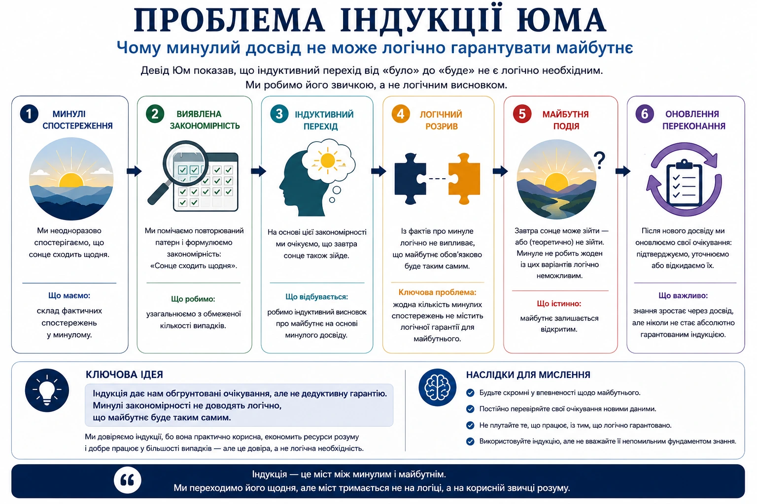 Проблема індукції Юма: минулі спостереження, закономірність, індуктивний перехід, логічний розрив, майбутня подія та оновлення переконання