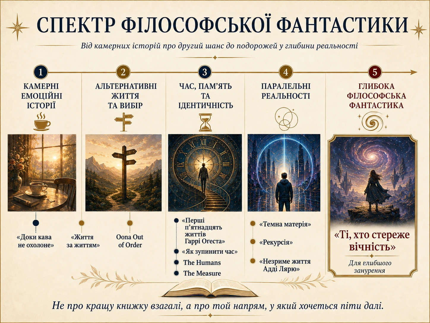 Спектр філософської фантастики: від камерних емоційних історій до глибокої філософської фантастики про час, вибір і реальність.