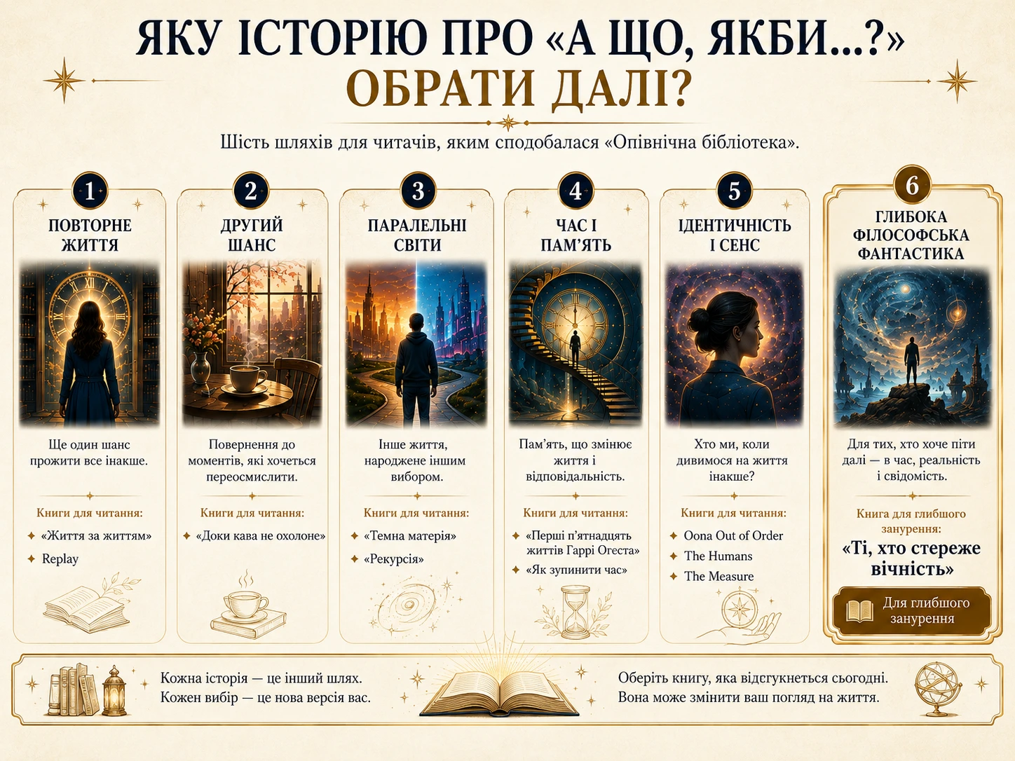 Путівник для вибору книги про повторне життя, другий шанс, паралельні світи, час, ідентичність або глибоку філософську фантастику.