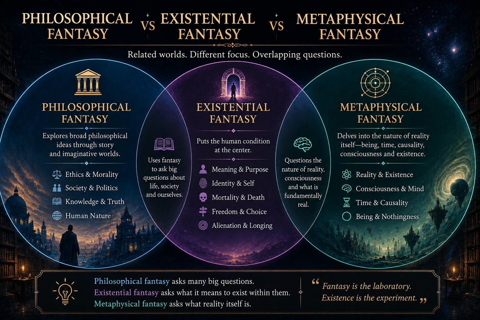Comparison of philosophical fantasy, existential fantasy and metaphysical fantasy with their different central questions