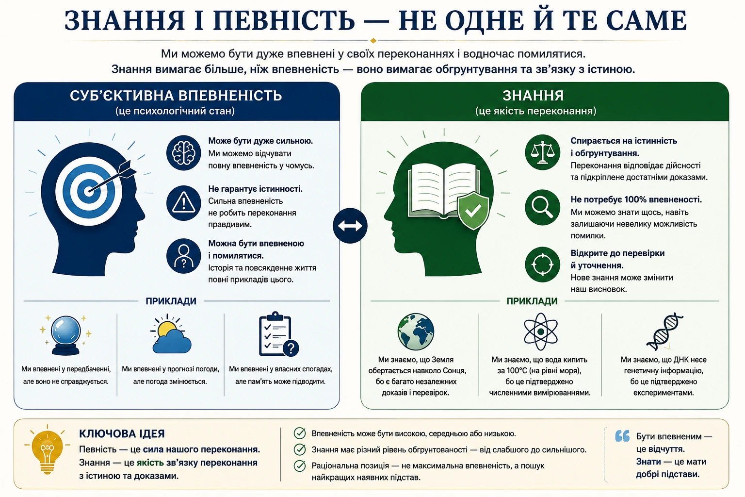 Інфографіка про різницю між суб’єктивною впевненістю та знанням, що спирається на істину, докази й перевірку