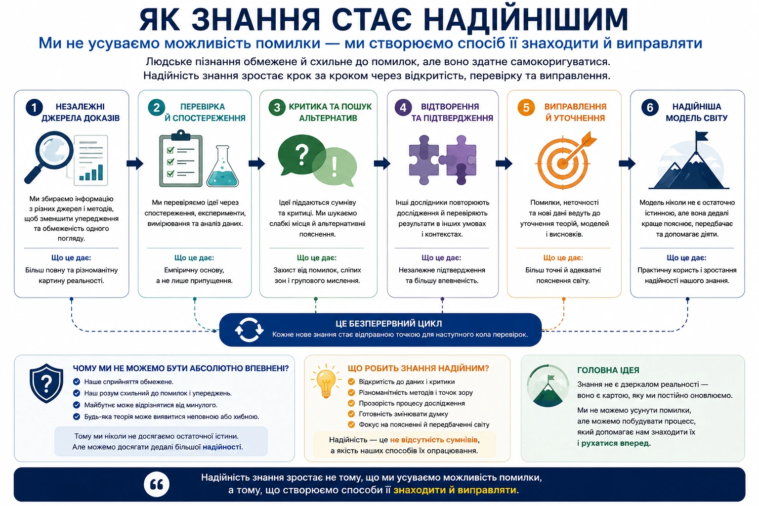 Як знання стає надійнішим через незалежні джерела доказів, перевірку, критику, відтворення, виправлення та побудову кращих моделей