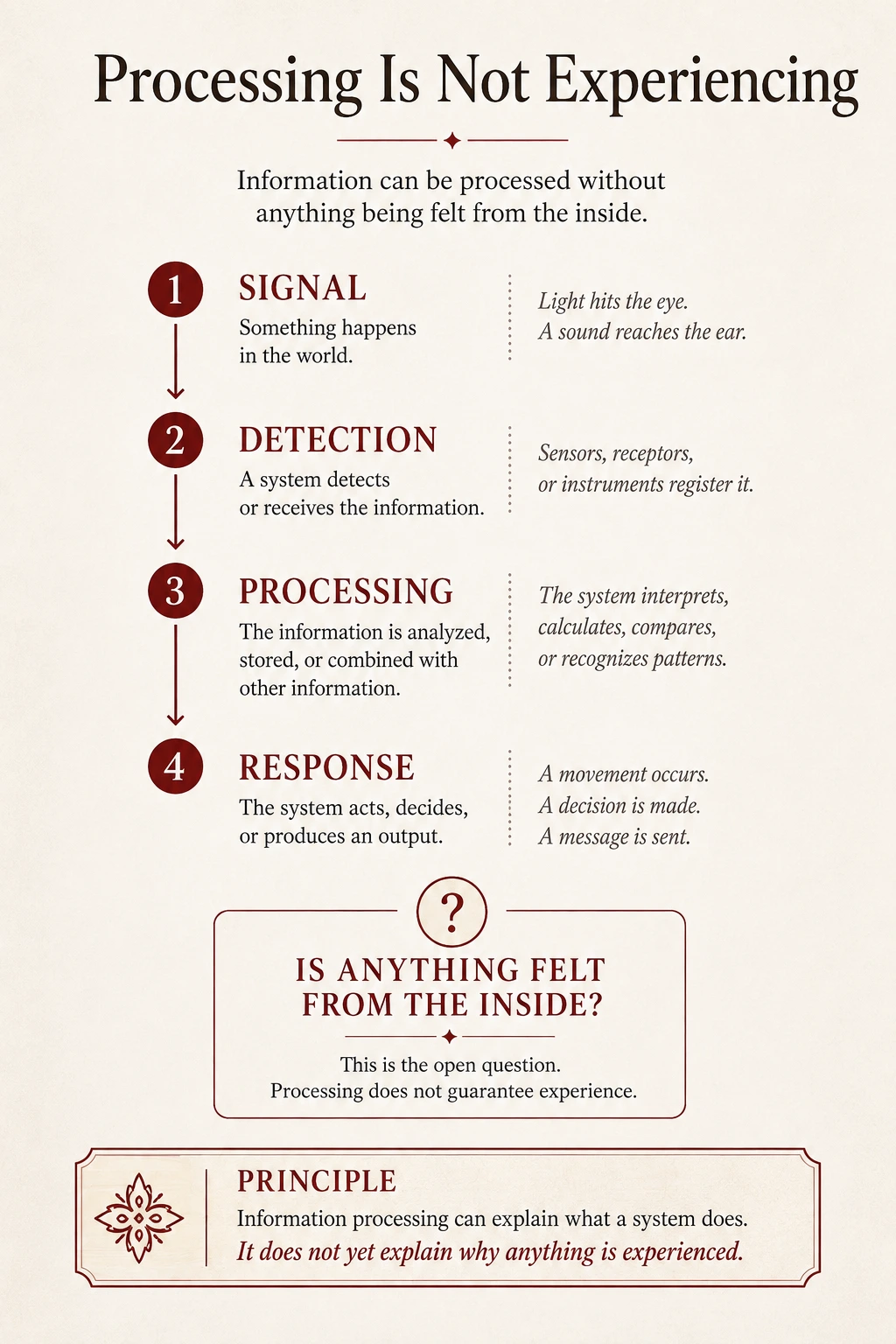 Processing is not experiencing — signal, detection, processing and response lead to the question of whether anything is felt