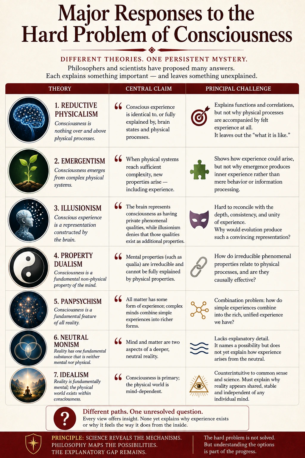Seven major responses to the hard problem of consciousness compared by central claim and principal challenge.