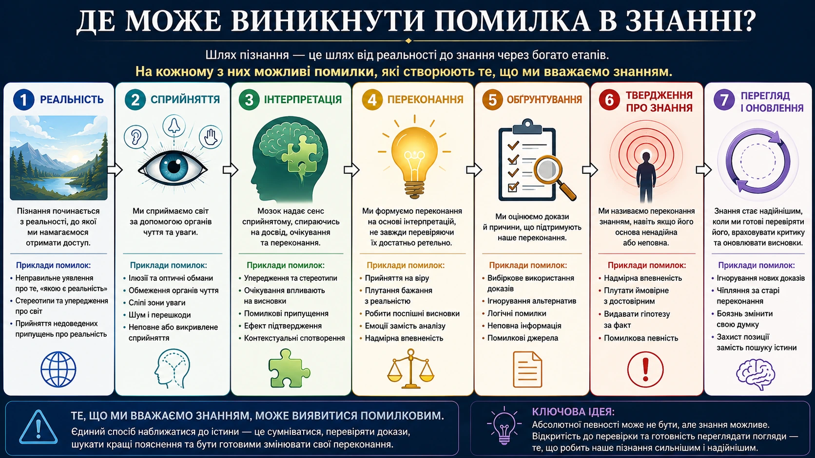 Схема шляху від реальності через сприйняття, інтерпретацію, переконання й обґрунтування до твердження про знання та його перегляду
