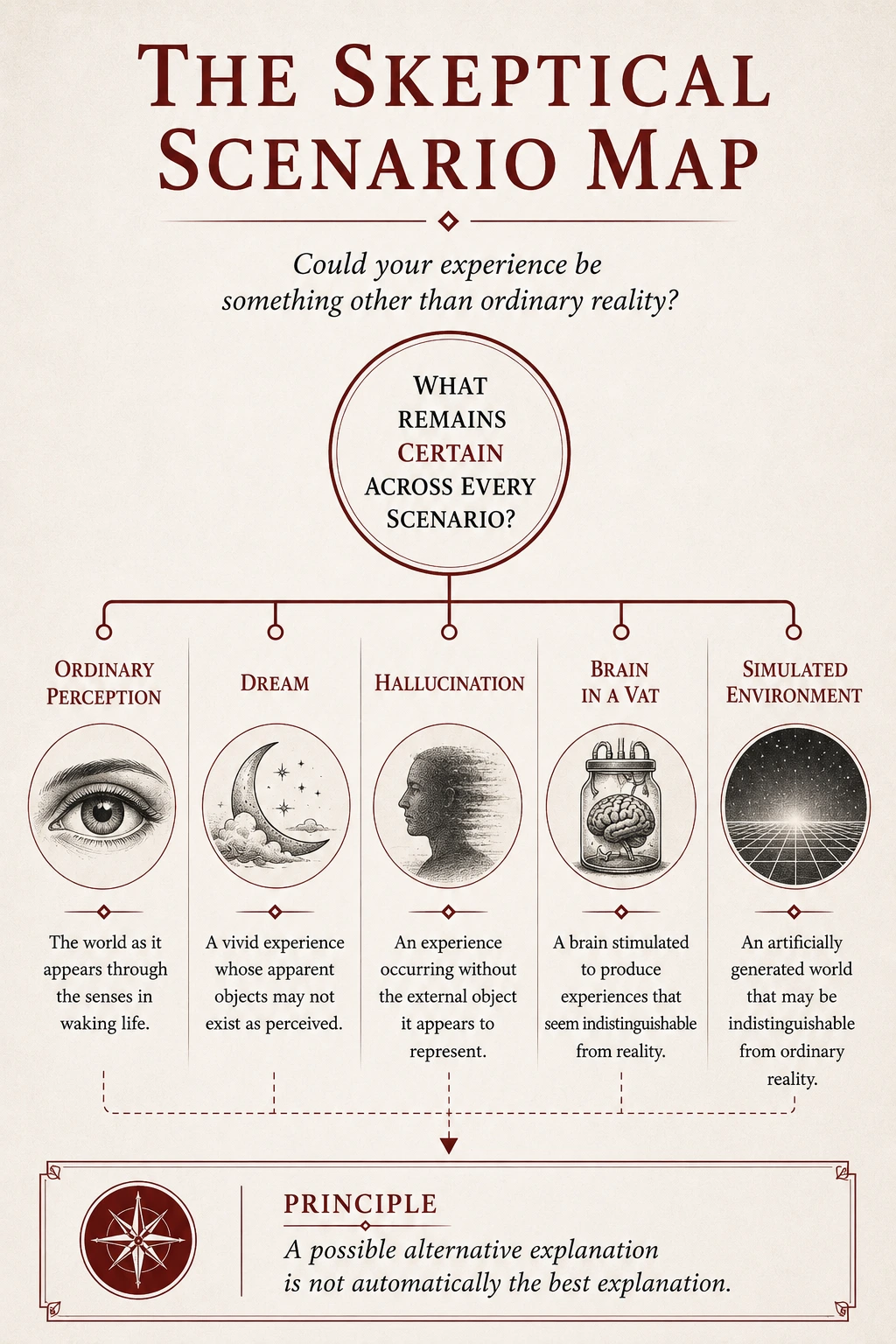 The skeptical scenario map comparing ordinary perception, dreams, hallucination, a brain in a vat and a simulated environment.