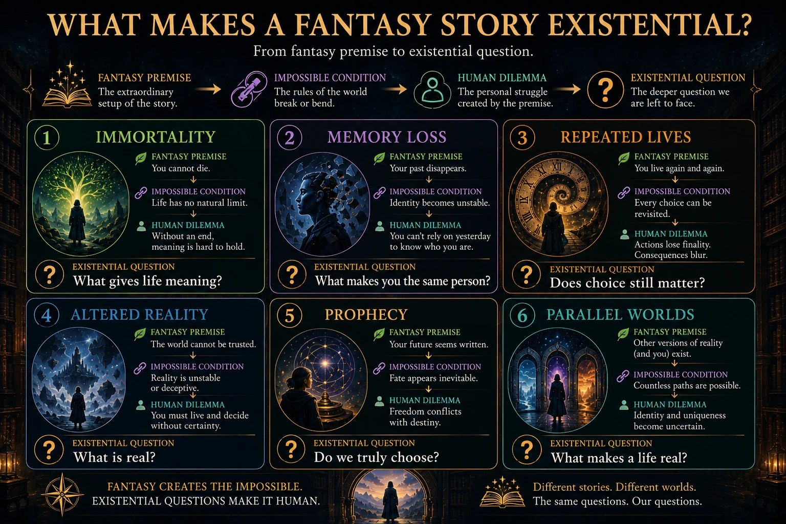 How fantasy premises such as immortality, memory loss, repeated lives, altered reality, prophecy and parallel worlds become existential questions