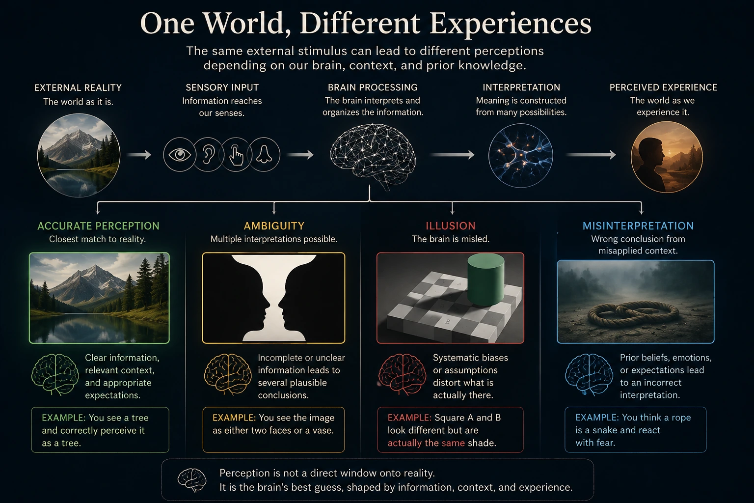Diagram showing one external world producing accurate perception, ambiguity, illusion, or misinterpretation