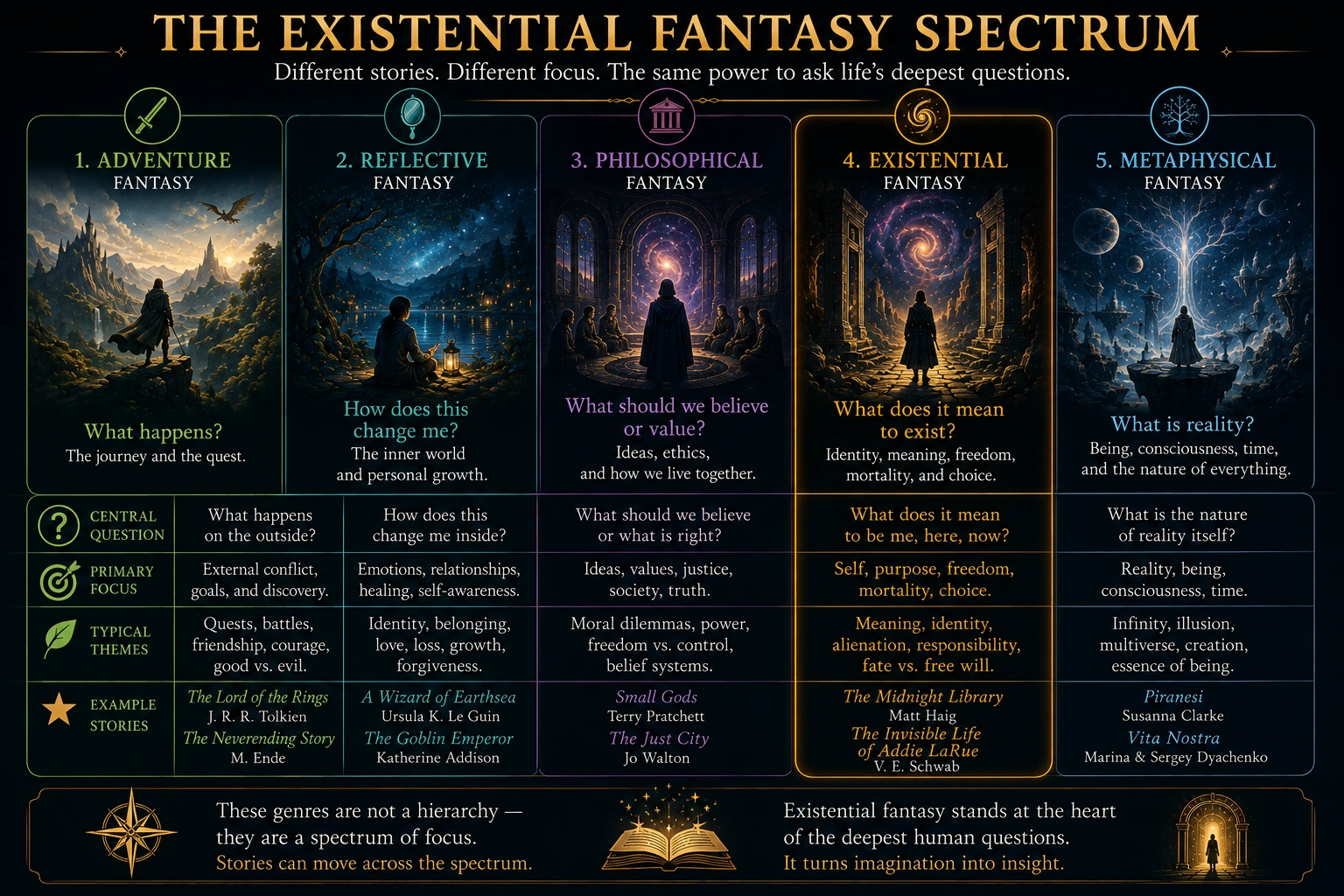 Existential fantasy spectrum comparing adventure, reflective, philosophical, existential and metaphysical fantasy by central question and themes