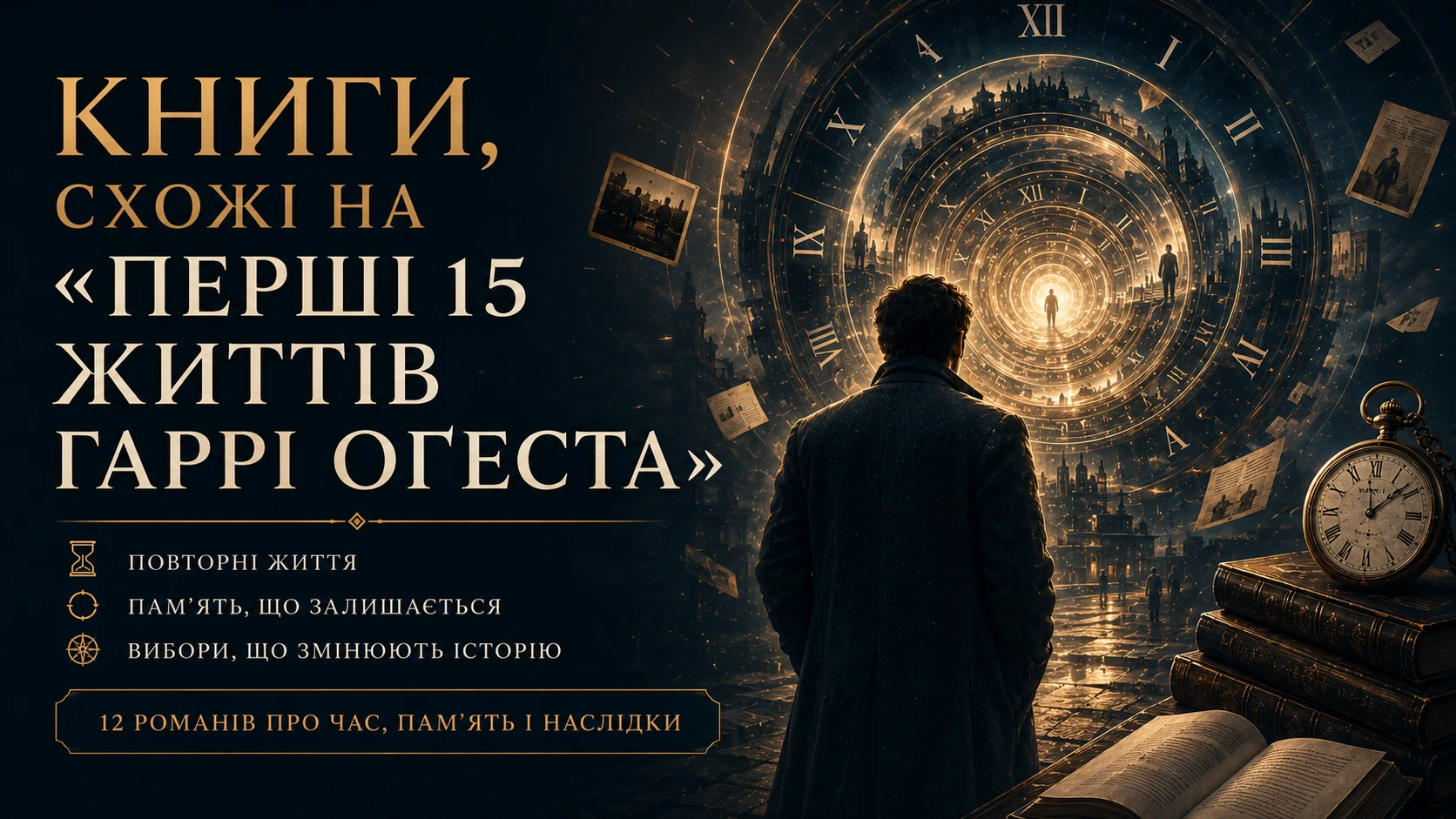 Книги, схожі на «Перші 15 життів Гаррі Оґеста»: чоловік дивиться на часову спіраль серед фрагментів пам’яті та старих книг.