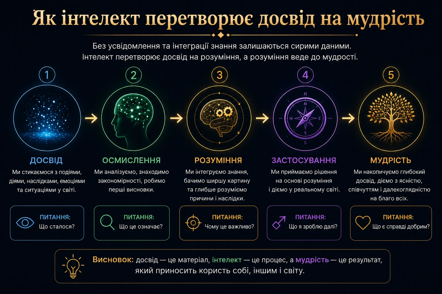 Як інтелект перетворює досвід на осмислення, розуміння, застосування та мудрість